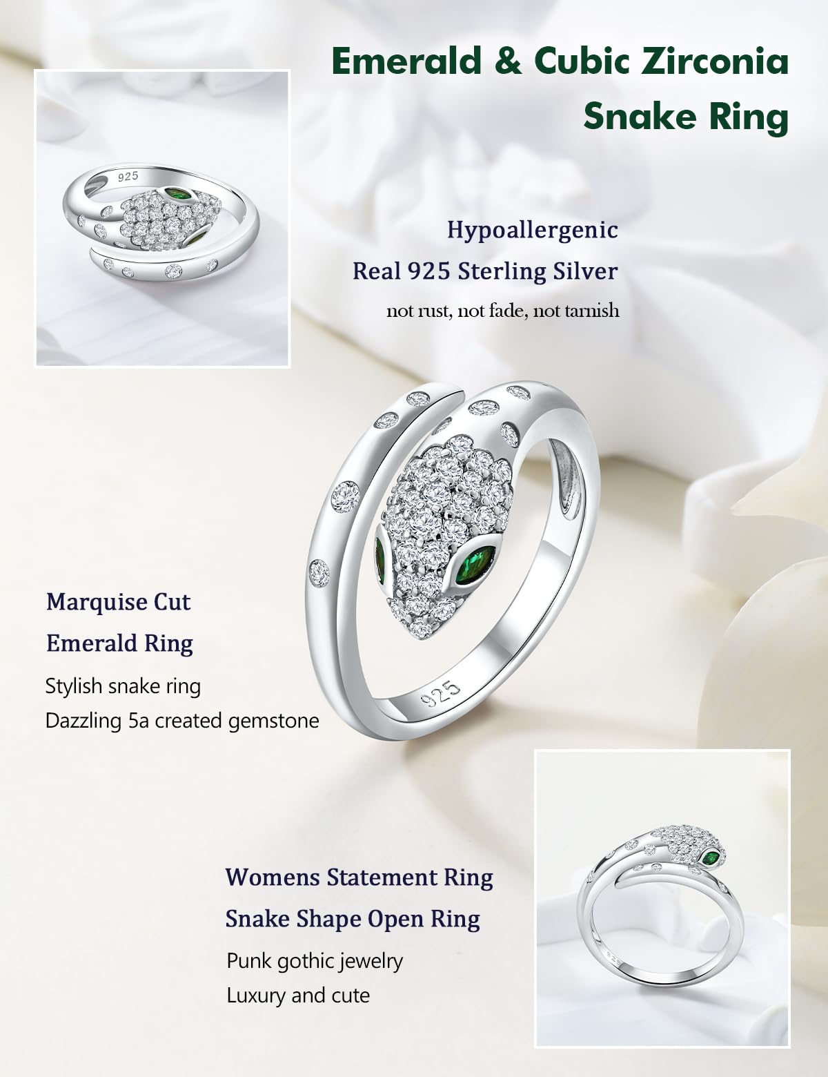 RANDES 925 Sterling Silver Snake Ring for Women White Gold Plated Fashion Punk Rings Adjustable Open Emerald CZ Animal Snake Finger Ring Size 8