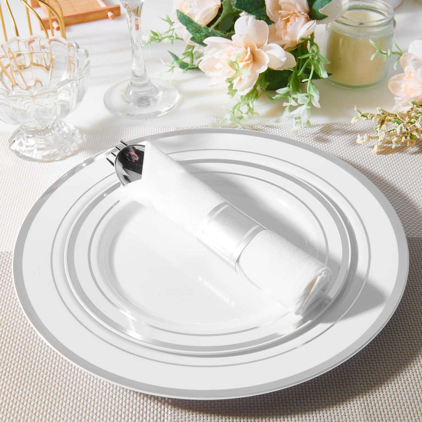 JollyPack 100 Piece Disposable Silver Plastic Party Plates, Including 50 10 Inch Dinner Plates and 50 7 Inch for Dessert, Great for Parties, Weddings, Home Use, and Christmas