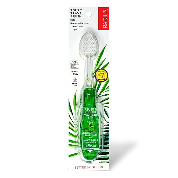 Radius Tour Travel Brush & Case with Replaceable Brush Head ADA Accepted Toothbrush Improve Gum Health - Green - Pack of 1