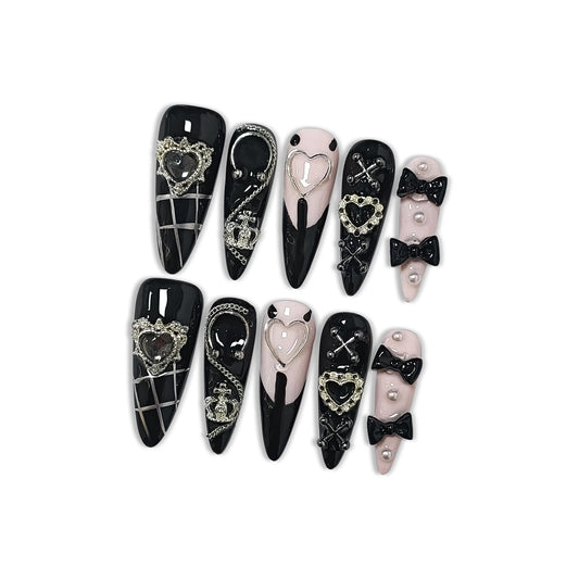 Hantyer Gothic Y2K Press on Nails, Long Stiletto Glossy Black & White Nails, Silver Gothic Charms, Black Rhinestones & 3D Hand-Painted Art, Salon Nails Edgy Style for Nightlife & Concerts (Size M)