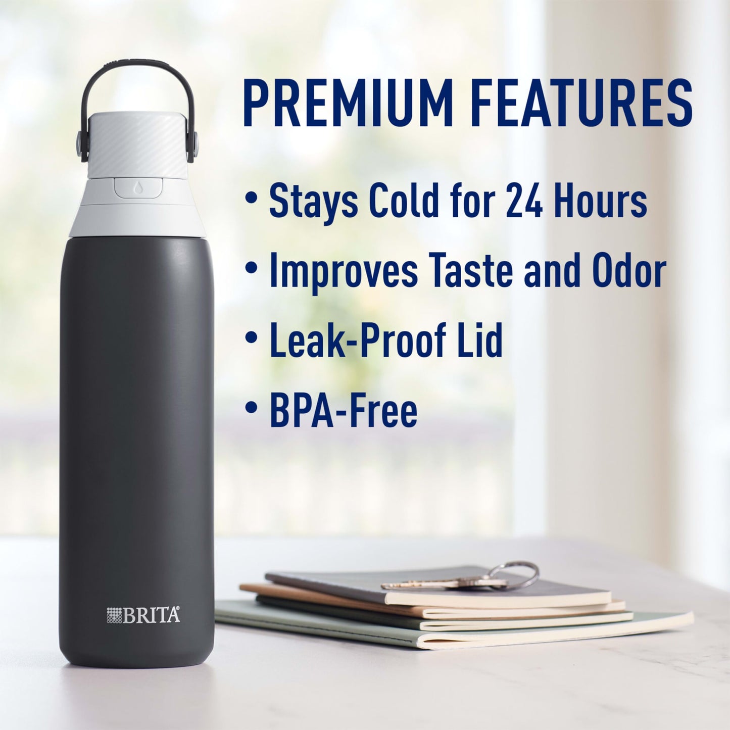 Brita Insulated Filtered Water Bottle with Straw, Reusable, Christmas Gift and Stocking Stuffer For Men and Women, Stainless Steel Metal, Carbon, 20 Ounce