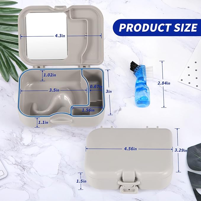 Annhua Denture Cup Bath Box Case with Mirror and Cleaning Brush, Denture Container with Brush Retainer Cleaning Case Mouth Guard Storage Soaking Cup Holder for Travel, Office, Household Use