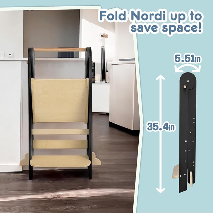 HARPPA Nordi Foldable Toddler Kitchen Tower, Montessori Kitchen Stools Helper, Standing Tower with 3 Adjustable Heights, Suitable Age for 2-6 Years, Black