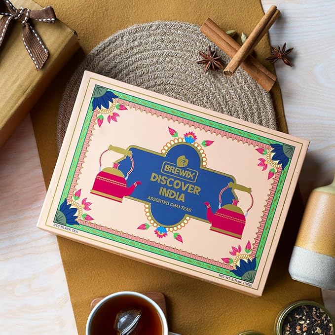 BREWIX, Discover India Premium Black Tea Christmas Gift Box (6.34oz/90+ Cups) | Tea Gift Sets For Tea Lover | 6 Unique Chai Teas | Best for Birthdays, Anniversaries & Holidays