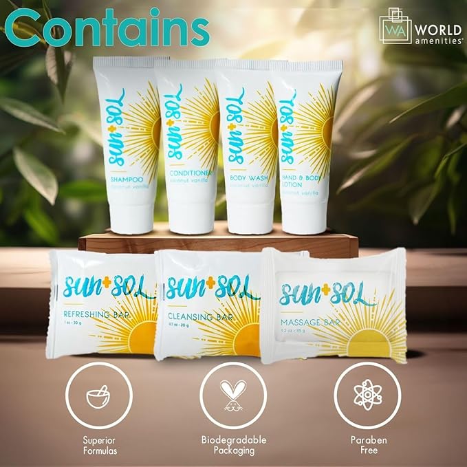 World Amenities Sun+Sol Mini Travel Size Hotel Toiletries Bathroom Kit - Case of 25 Sets - Warm Coconut & Vanilla - Shampoo, Conditioner, Body Wash, Lotion, Cleansing Bar, Soap Bar