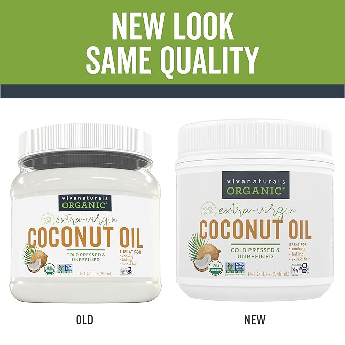 Viva Naturals Organic Coconut Oil, 32 fl oz – Unrefined, Cold-Pressed Extra Virgin Coconut Oil, USDA Organic & Non-GMO, Natural Cooking Oil, Hair Oil & Skin Oil