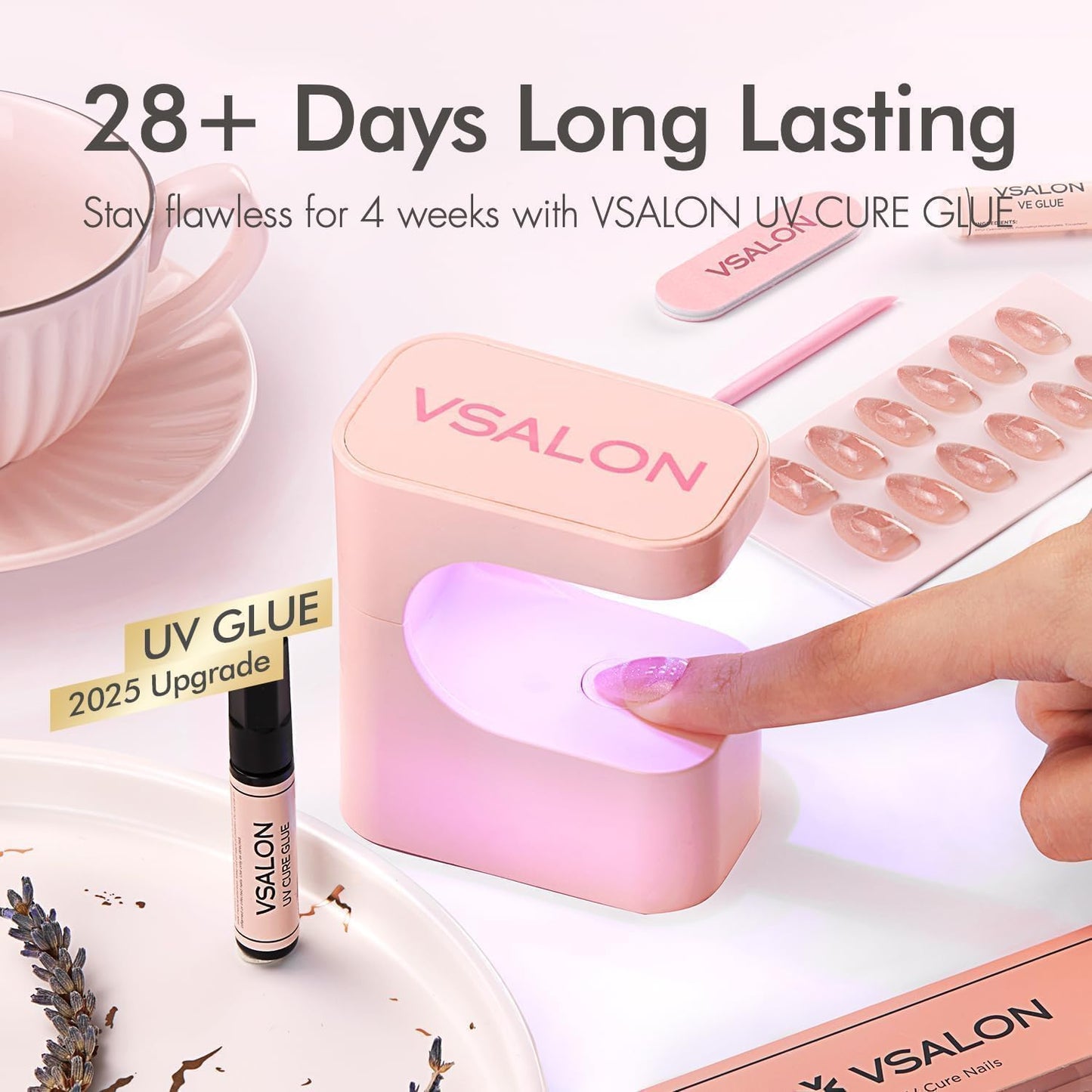 VSALON Almond Short Press On Nails, Pastel Light Purple Summer Ombre Sheer Cat Eye French Tip Light Curable Fake Nails, Reusable Stick On False Nails - 32 Pcs Nails Kit in 16 Sizes with Glues