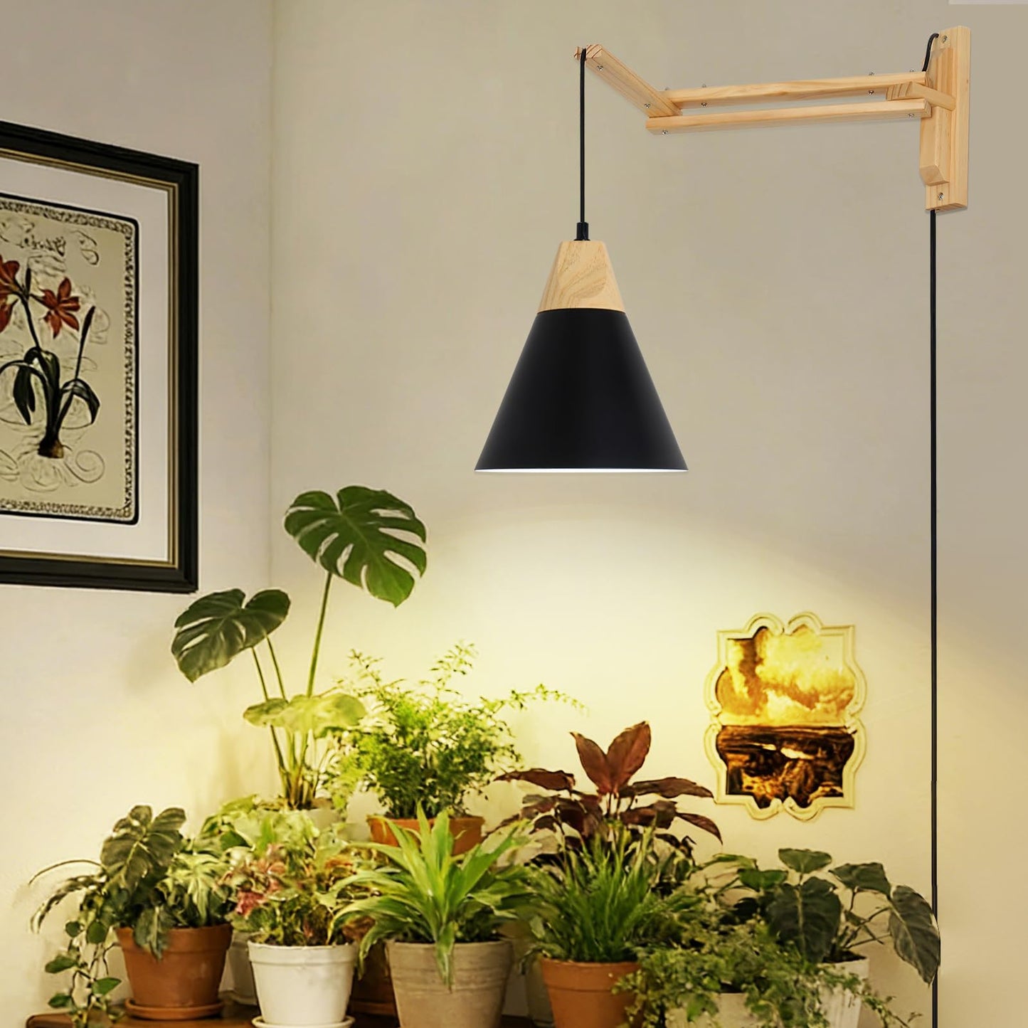 HMVPL Hanging Grow Lights for Indoor Plants Full Spectrum, Plant Light for Indoor Growing with 20W COB Grow Light Bulb, Wall Mounted Grow Light with Swing Arm, 4/8/12H Timer for Large Small Plant