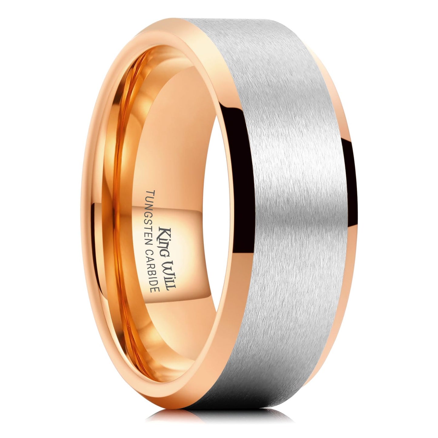 King Will 8mm Classic Tungsten Rings for Men Two-Tone Mens Wedding Bands Simple Engagement Promise Ring Matte Brushed Beveled Edges Comfit Fit Durable, Silver & Rose Gold Plated Size 14