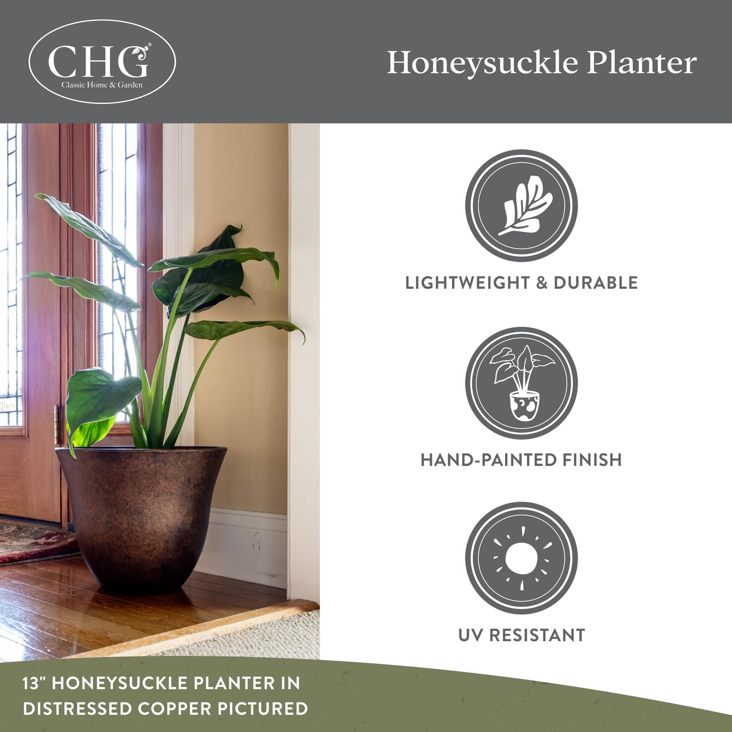 Classic Home and Garden by Growscape Honeysuckle Resin Planters - Lightweight Indoor & Outdoor Plant Pots - UV-Resistant Plastic Flower Pots - Pot Planters for Flowers & Herbs (13” Bamboo)