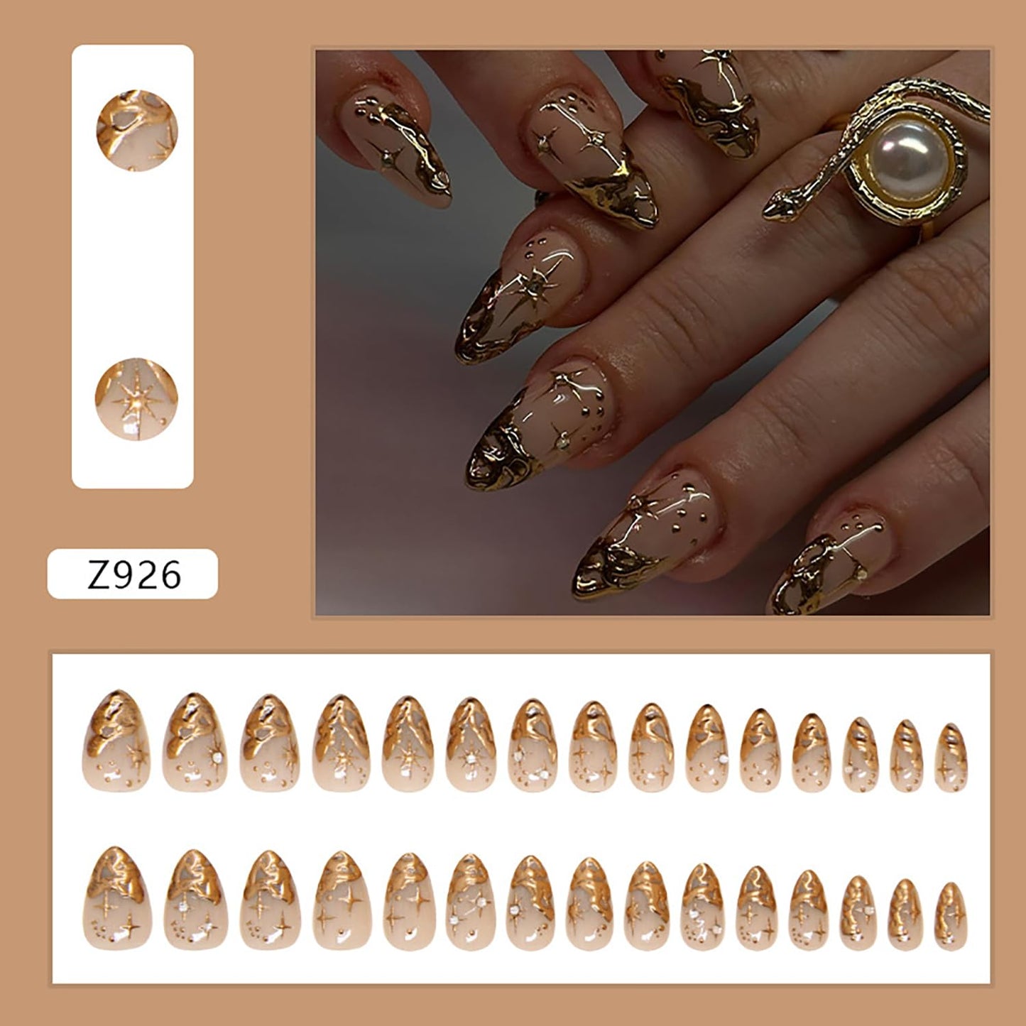 Gold French Tip Press On Nails - Short Almond 3D Stereoscopic Stick On Stars Rhinestones Design Coffin Acrylic Full Cover Artificial Nails for Women