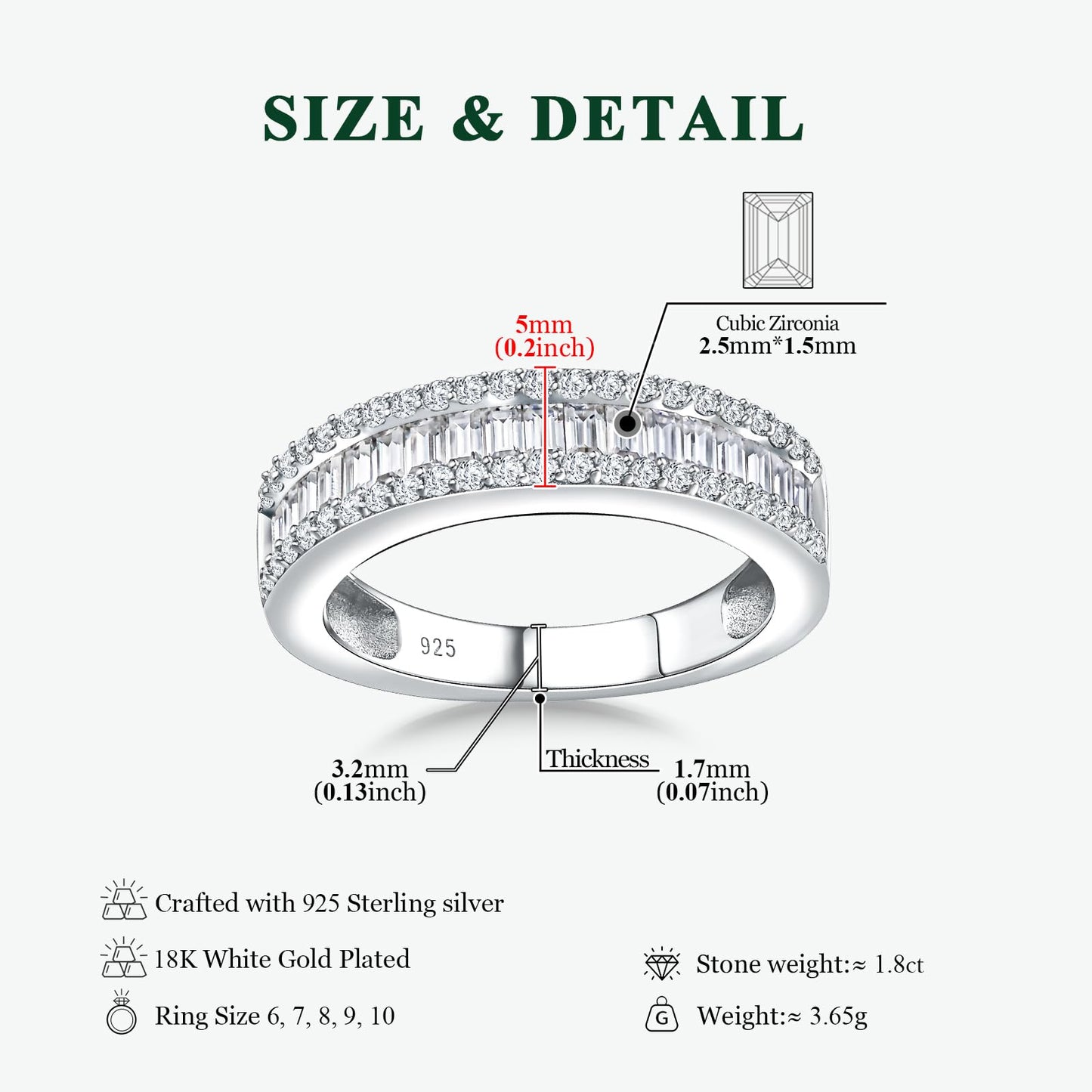 RANDES Women's Wedding Bands Cubic Zirconia Eternity Rings 925 Sterling Silver Created Diamond Baguette Rings Band for Women Men Size 10