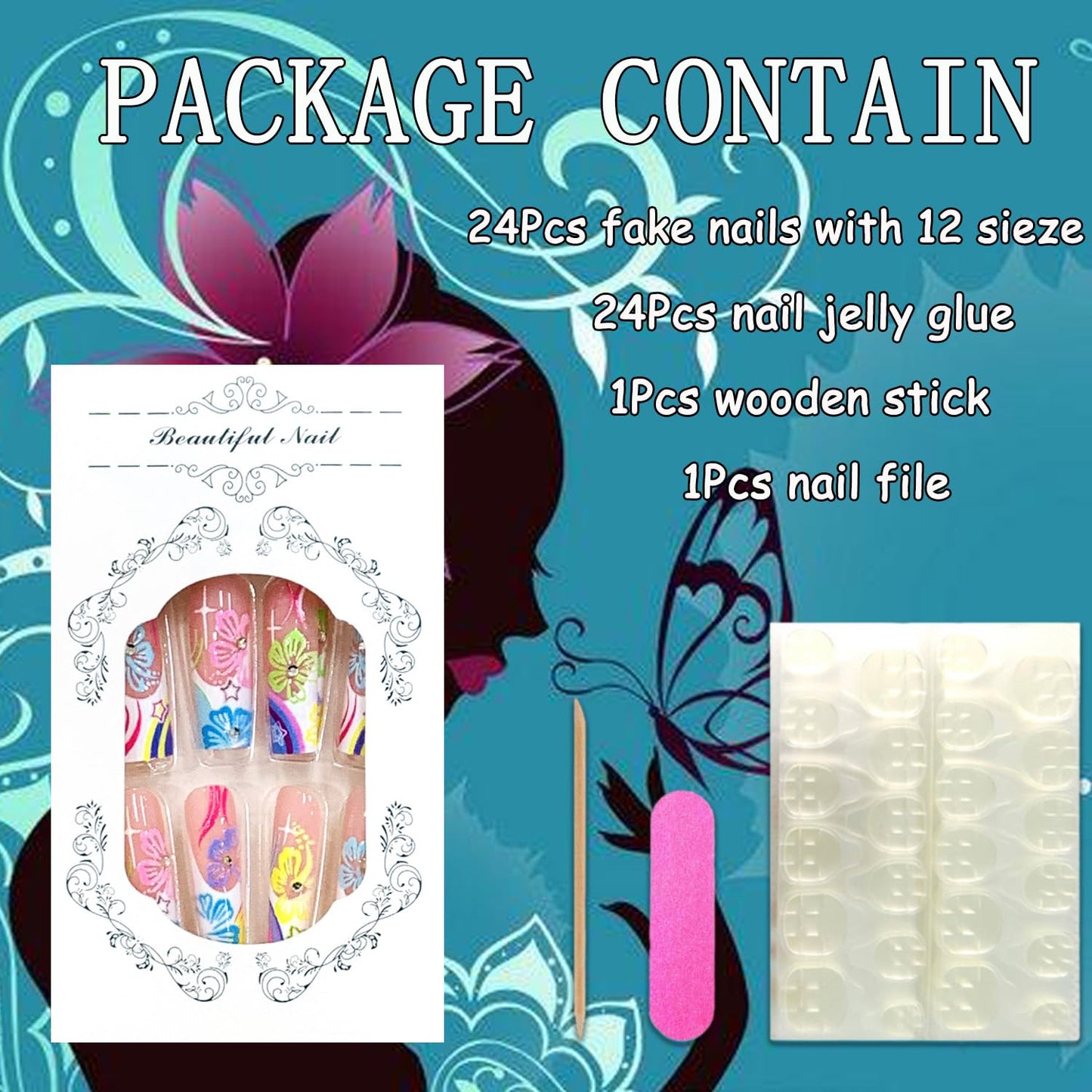 EYZOTSF Press on Nails Long Coffin Shaped Acrylic Square False Nails with Designs Artificial Extra Long Length Coffin Fake Nails with Charms Glue Stick ons Fingernails for Women Girls(JB630)