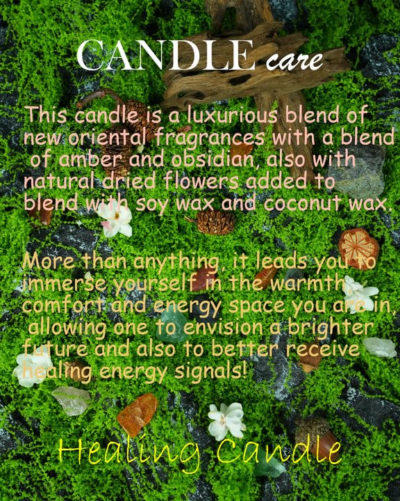 Obsidian Crystal Energy Candle, Good Aura Health Protection, Baltic Amber Chakra Magic Self-Care, Emotional Support, Encouragement and Affirmation Gift.(HEAL)