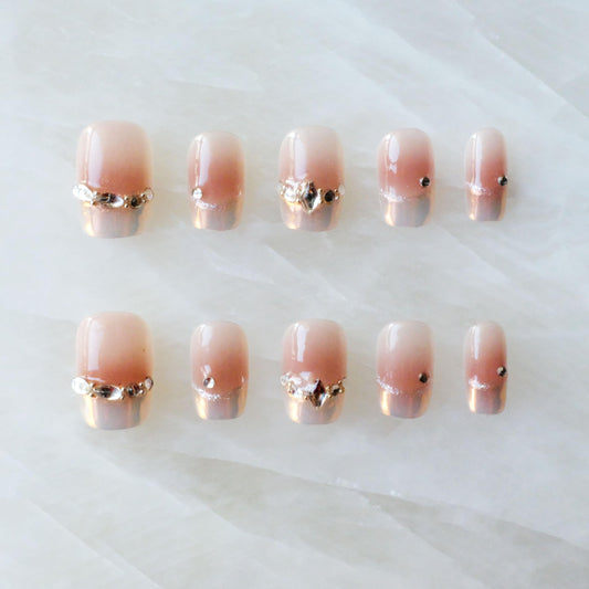 [GLORS] Purely Handmade Press On Nails | Moon Dream - French-style Pink Nail Tips with Diamond | Salon Quality Fake False Nails in Short Square 10 pieces (Medium, SS)