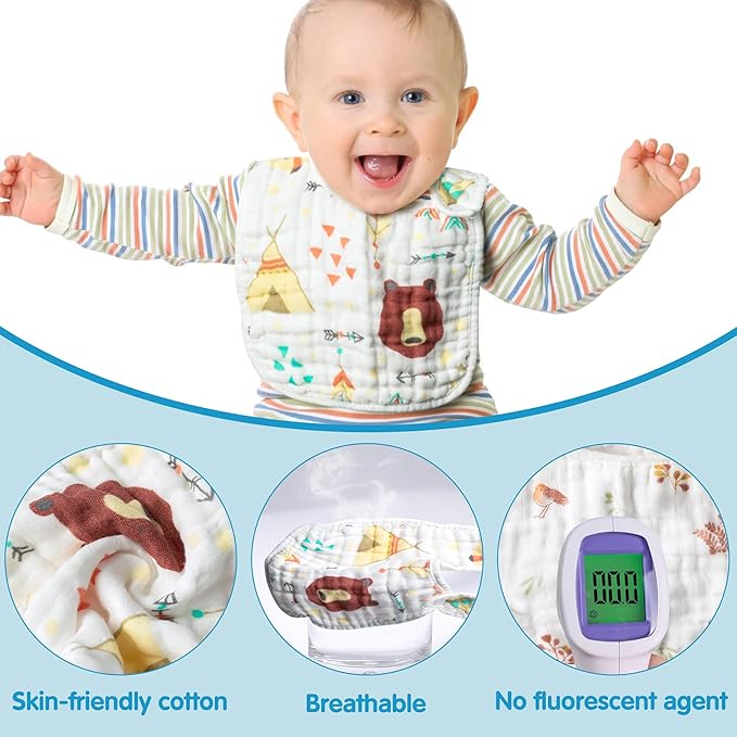Zainpe 6Pcs Snap Muslin Cotton Baby Bibs Owl Fox Leaf Bear Bib with 6 Absorbent & Soft Layers Machine Washable Adjustable Burp Cloth for Infant Girl Boy Toddler Drooling Eating Teething 0 to 24 Months