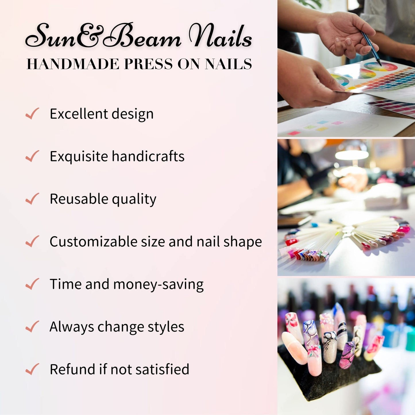 Sun&Beam Nails Handmade Press-On Short Almond with White Blue Gold Color 3D Design Charm Cat Eye Cute False Nail Tips 10 Pcs (#81 XS)