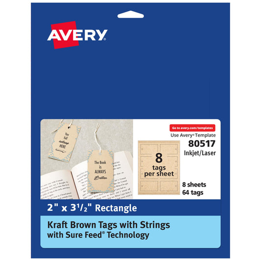 Avery Kraft Brown Rectangle Tags, Sure Feed Technology, 2" x 3.5", Laser/Inkjet Printable, 64 Total, Strings Included, Also Great for Gifts and Favors (80517)