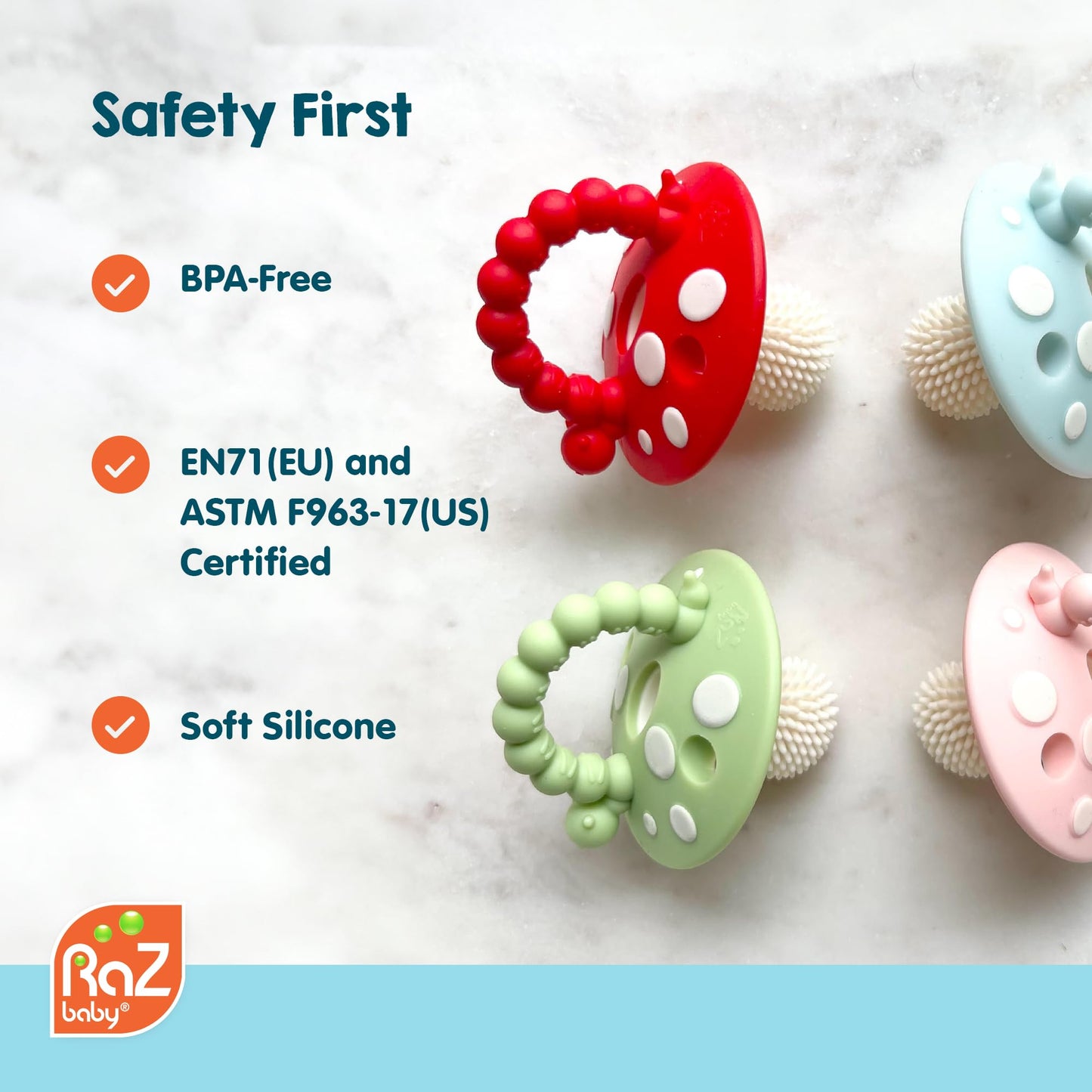 RaZbaby Soft Silicone Infant & Baby 3M+ Teether Toy Massaging Bristles Teething Relief Pacifier - Soothes Sore Gums - Hands-Free & Easy-to-Hold Chompy Teether, BPA Free (RED/Green)