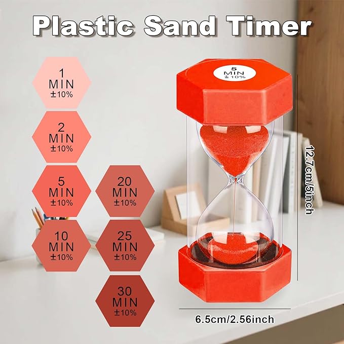 Hourglass Sand Timer 5 Minute, Plastic Hexagon Hourglass Sand Clock 5 Min, Reloj De Arena 5 Minutos,Unbreakable Colorful Hour Glass Sandglass for Classroom Games Kitchen (Red)