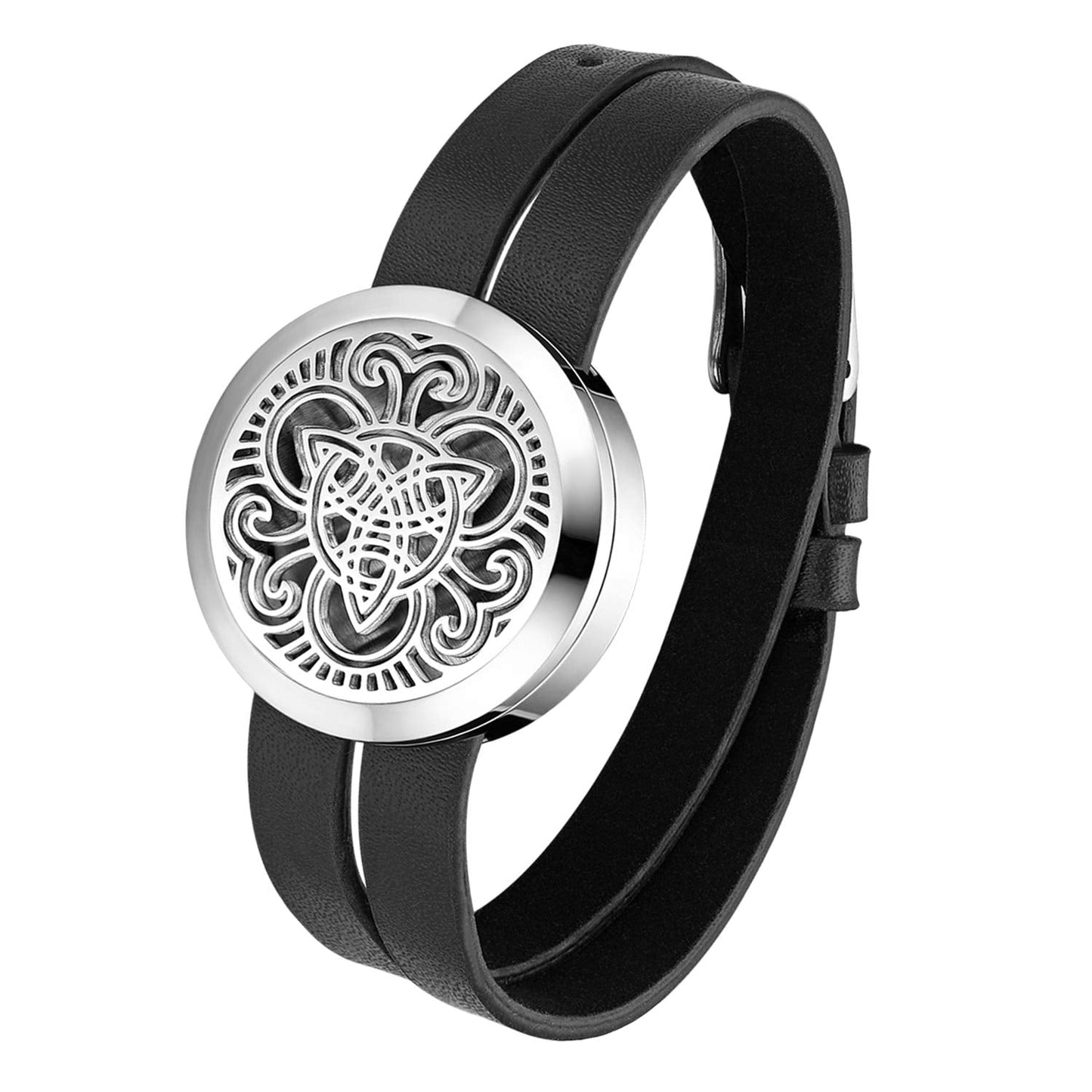 Essential Aromatherapy Oil Diffuser Locket Hollow Celtic Charm Leather Wrap Bracelet with 6 Color Pads,Size Adjustable,Black