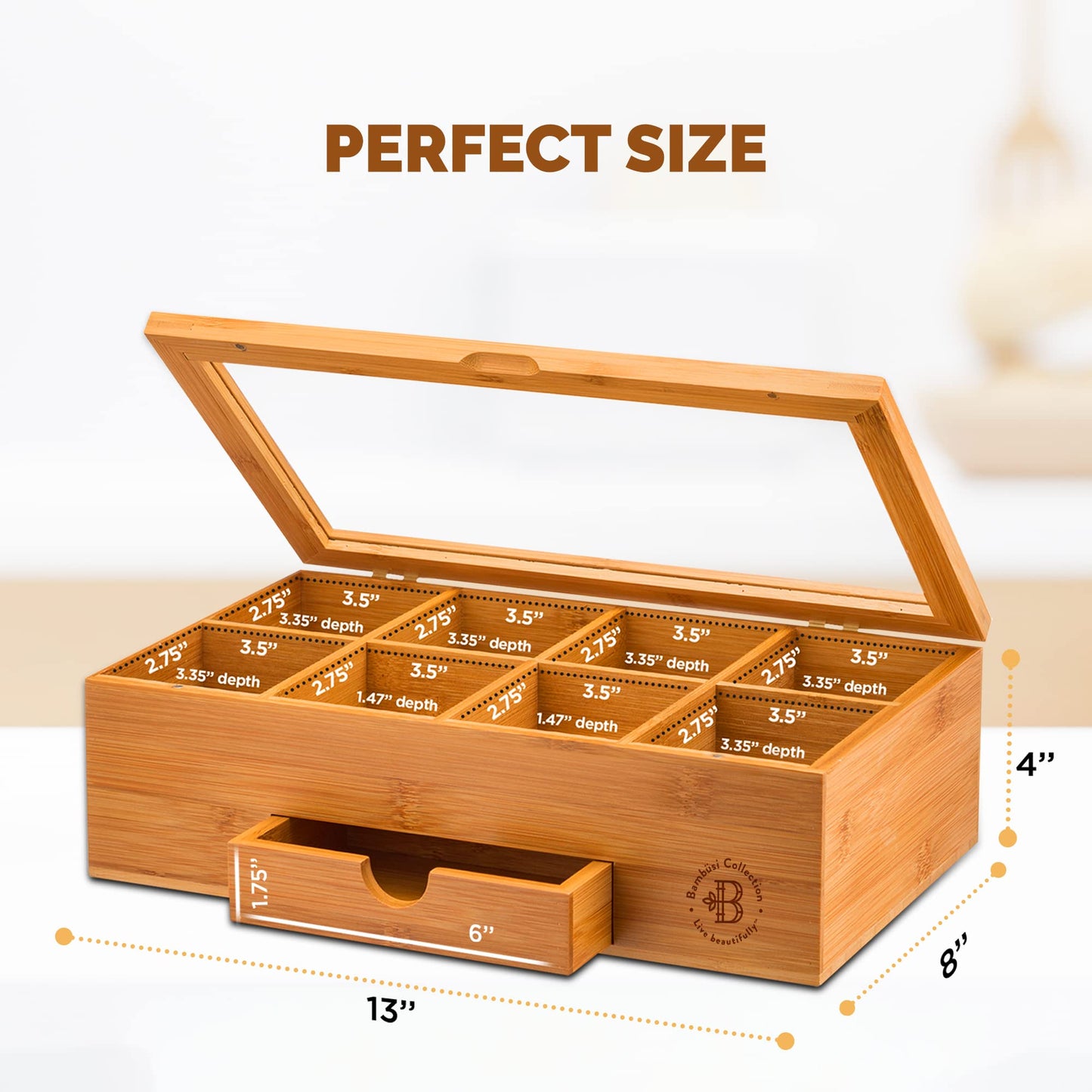 Tea Bag Organizer - Bamboo Tea Box Storage with Drawer & Acrylic Window, Tea Organizer Holder, Tea Bag Holder, Tea Storage Box, Tea Box Organizer, Holiday Gift Idea for Home Kitchen (Tea Not Included)
