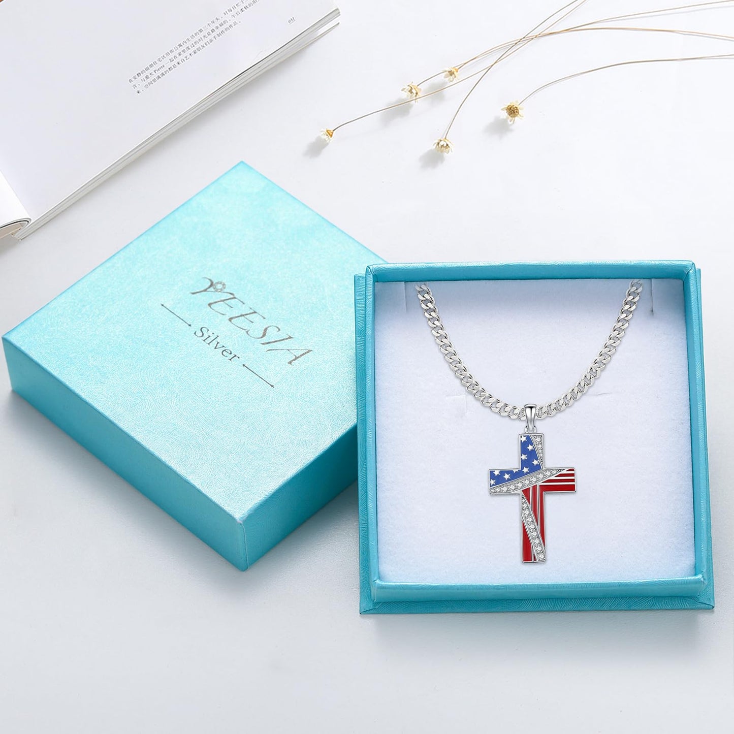 YEESIA American Flag Cross Necklace for Men Women 925 Sterling Silver Patriotic Pendant Necklace Christian Jewelry Gift for Men Women