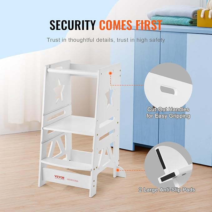 VEVOR Tower Step Stool, 3-Level Height Adjustable Toddler Step Stools for Kids, Bamboo Kitchen Stool, Standing Tower Learning Stool with Safety Rail for Kitchen Counter Bathroom, 350LBS, White