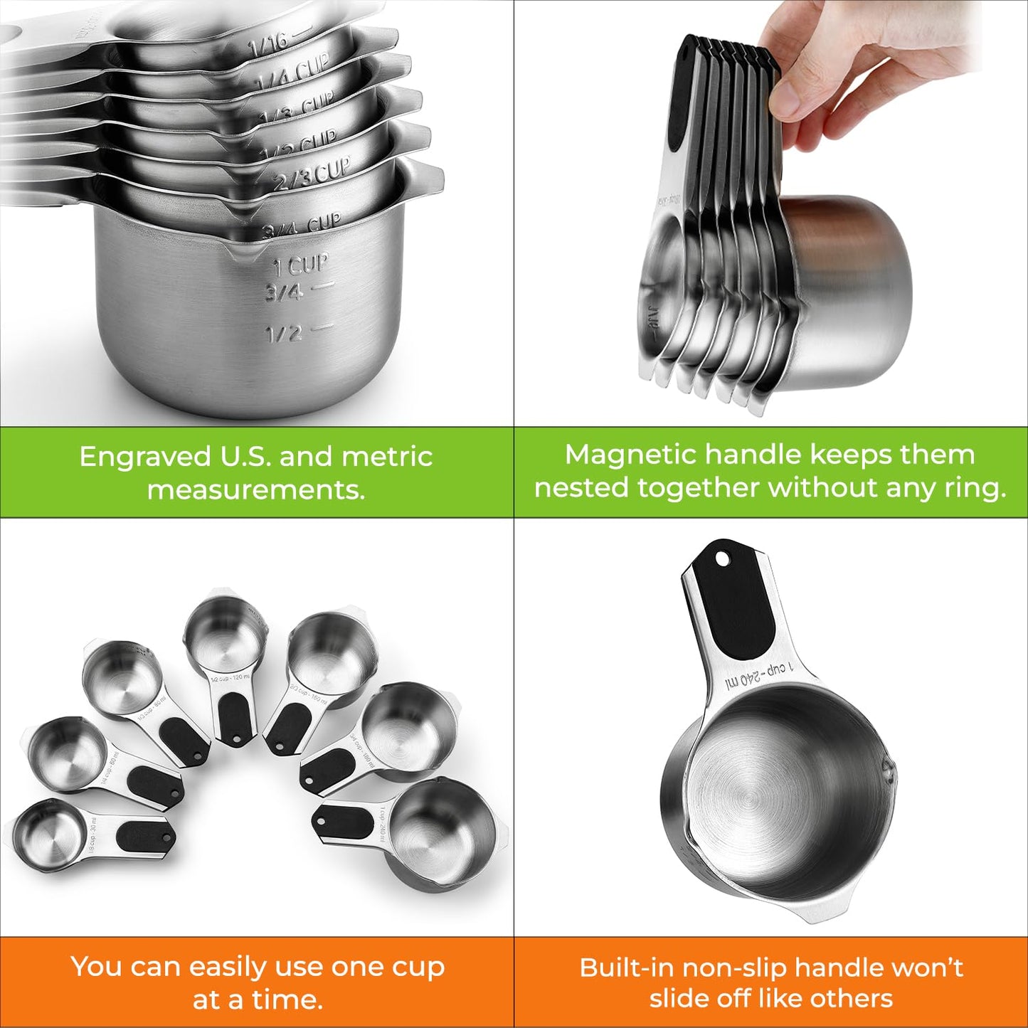 Spring Chef Magnetic Stainless Steel Measuring Cups, Patented, Kitchen Tools with Easy to Read Markings for Measuring Dry or Liquid Ingredients, Set of 7, Black