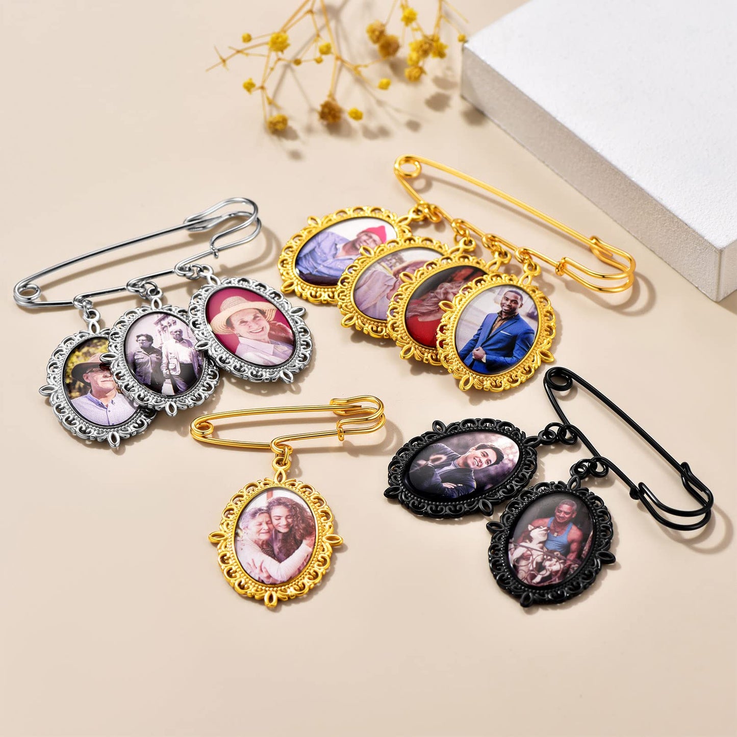 Custom4U Wedding Charms for Bouquet Custom 3 Picutres Customized Photo Pins Oval Shaped Memory Charm Funeral Boutonniere
