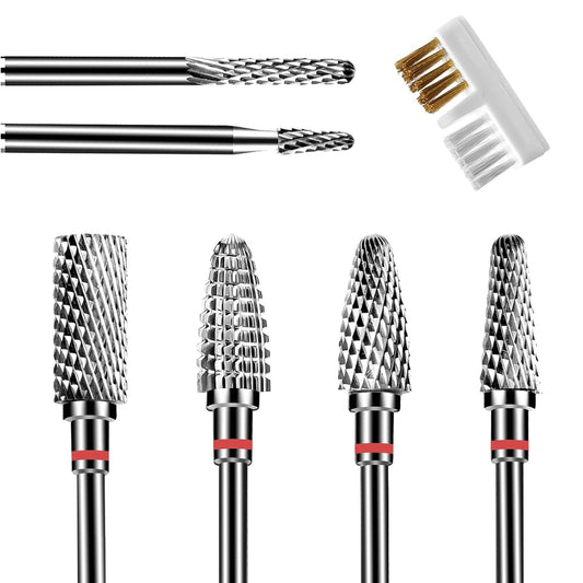 6Pcs Nail Drill Bits Set Professional, 3/32'' Electric Nail Drill Bits for Acrylic Gel Nails, Cuticle Nail Drill Bit Quick Gel Polish Remover Manicure Pedicure Tools with Cleaning Brush (Red)