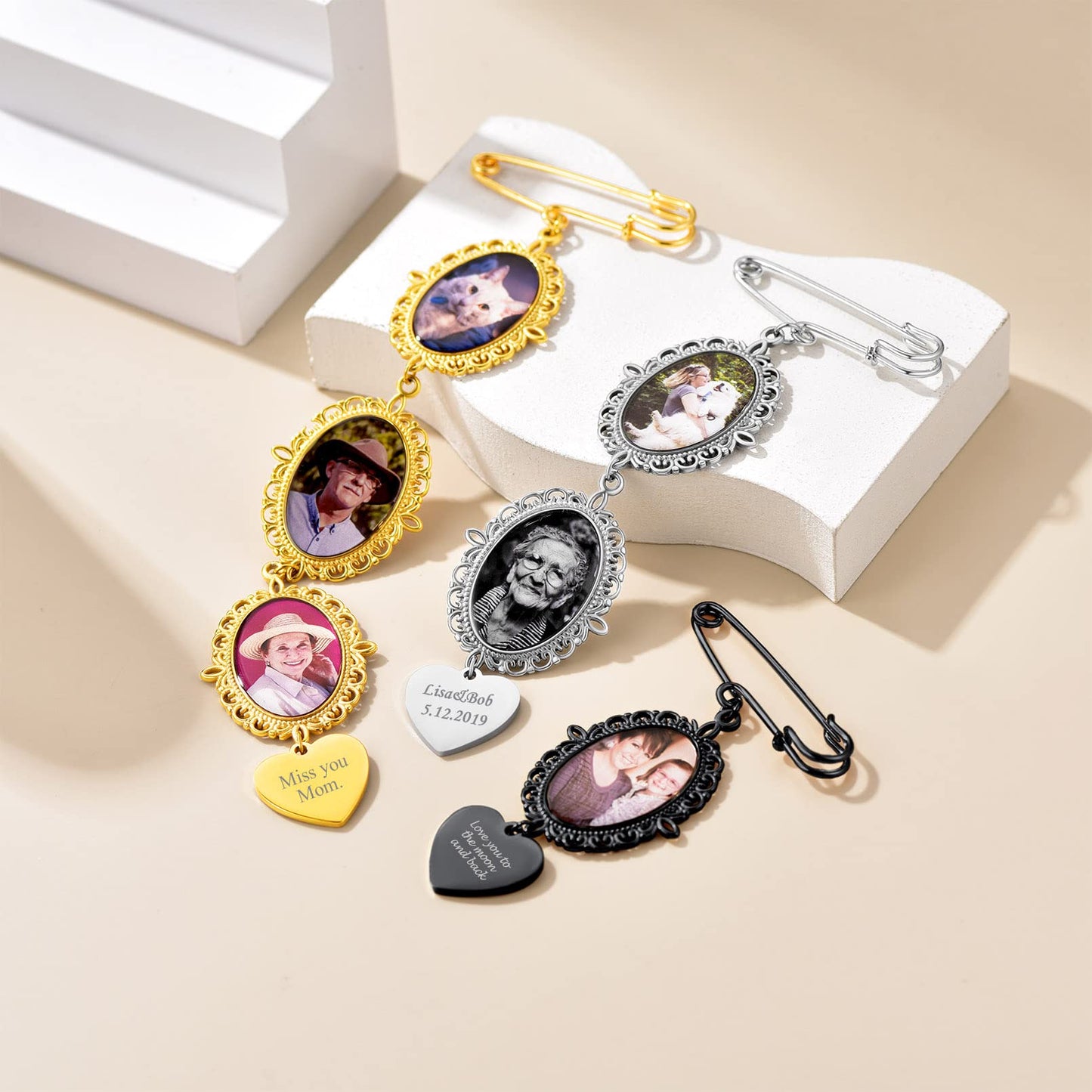Custom4U Wedding Boutonniere Oval Bouquet Charm Pin Photo for Mother of The Bride Groom