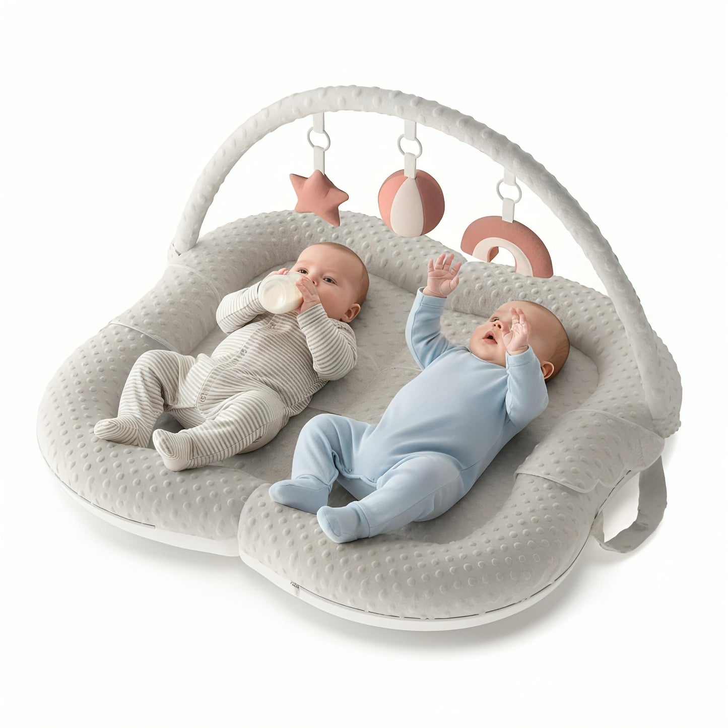 WENDIWAY Twins Baby Play Mats for Floor Activity Gym - 5-in-1 Support Cushion Baby Play Mat Tummy Time Mat for Supervised Bonding with Arch, Plush Toys, Flashcards & Developmental Book - Grey