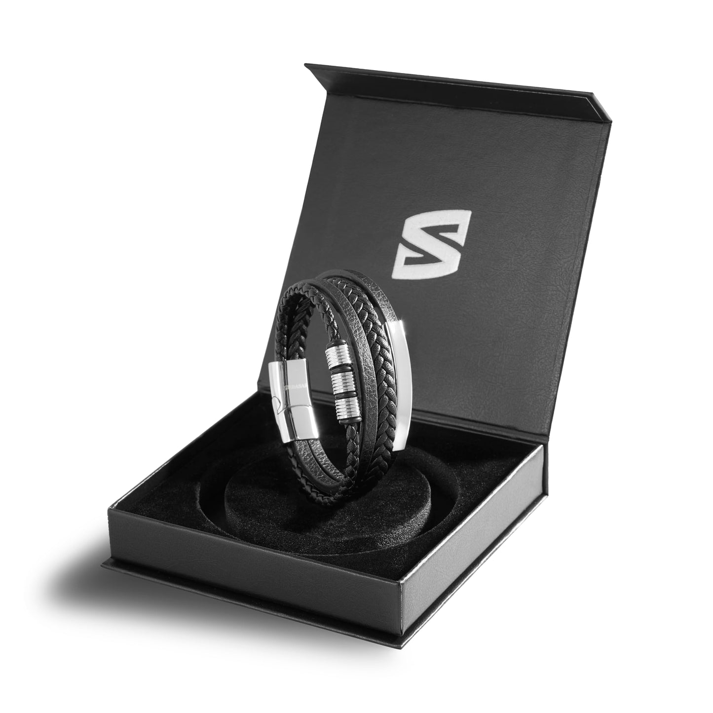 SERASAR Pulsera de cuero plateado para hombre 20cm Idea regalo Caja Piel vacuno trenzada genuino trenzado multicapa ajustable con cierre magnético