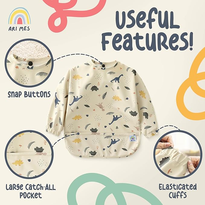 ARI MES Long Sleeves Waterproof Baby Bibs for Eating - Green Stripes, Large- Wearable, Coverall for Toddler, Long Sleeve Bib, Smock Apron for Feeding - Applicable for 6-72 Months