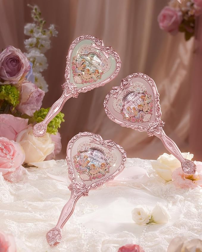 Flower Knows Midsummer Fairytales Hand Mirror,Vintage Heart Handheld Mirror,Fancy & Pretty Princess Handheld Mirror with Long Handle,Gift for Girls & Women(Milky Pink)