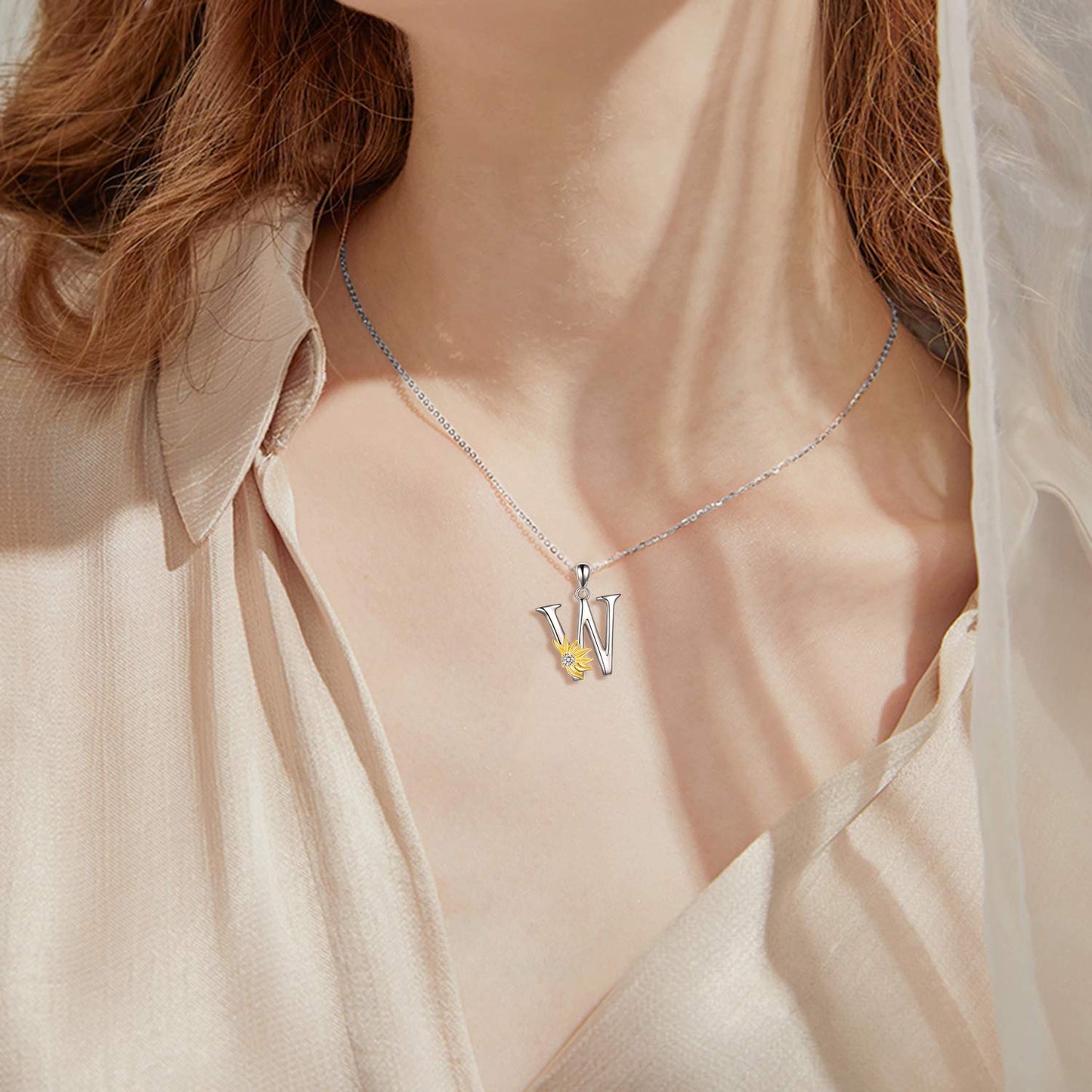 POPLYKE Sterling Silver Initial Alphabet Letter Script Name Pendant Chain Necklace for Women for (Sunflower W)