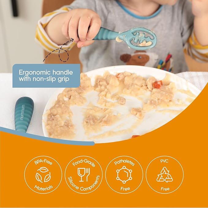 NumNum Baby Spoons Set, Baby Essentials Pre-Spoon GOOtensils for 12+ Months, First Stage Self-Feeding Spoons for Baby Led Weaning (BLW), Silicone Toddler Utensils, BPA-Free, 2 Pack Green