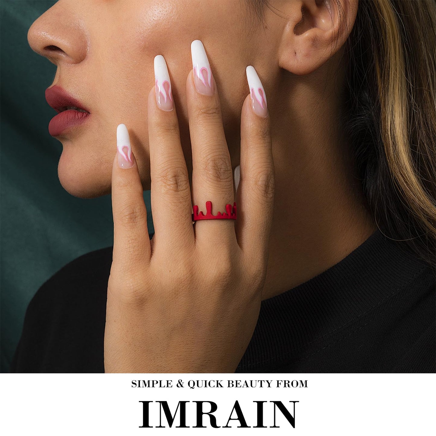 IMRAIN Press on Nails Long Stiletto Fake Nails Red Brown Flower, Leopard Print Designs Fall Glossy Glue on Nails