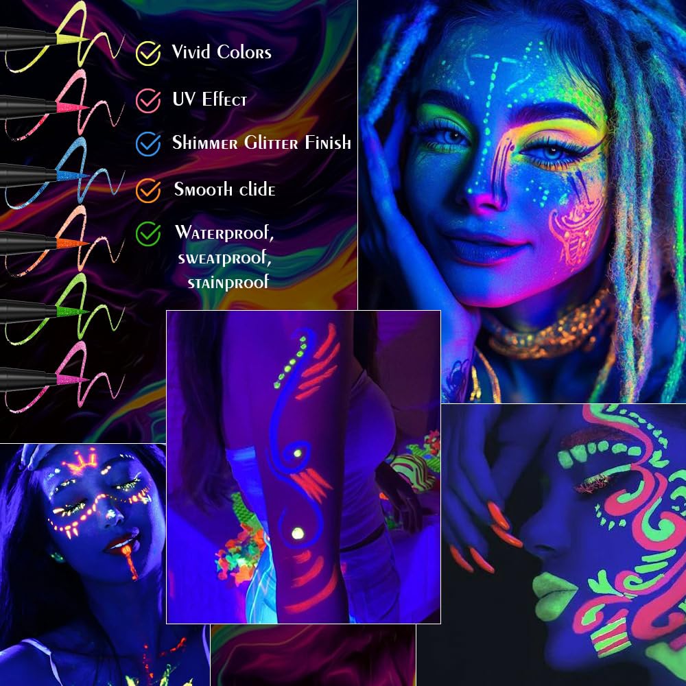 evpct Pink Shimmer Eyeliner UV Neon Gel Eyeliner Pencil Makeup, Rainbow Halloween Colored Colorful Gel Eye Liner Pen Glow in Dark Makeup, Long Lasting Waterproof Eyeliners for Face Body Painting