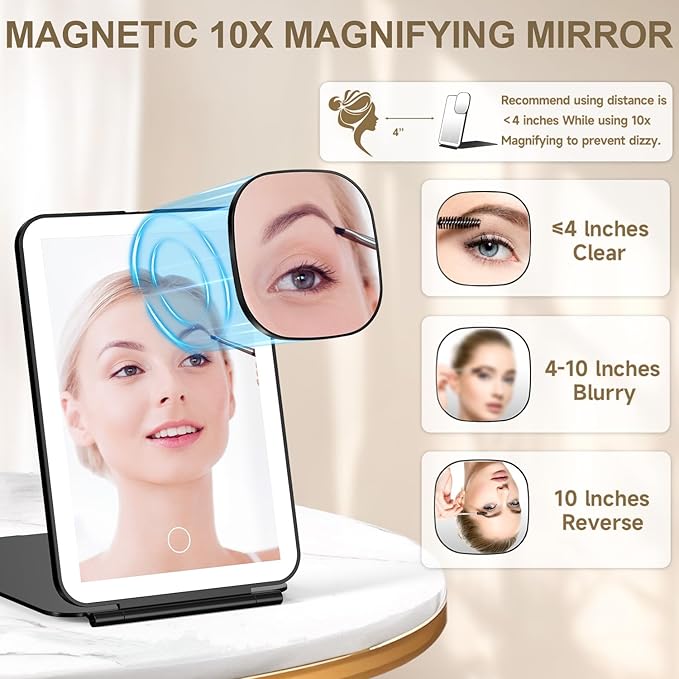 Mocado LED Foldable Travel Makeup Mirror - 5x7 inches 3 Colors Light Modes USB Rechargeable Touch Screen, Portable Tabletop Cosmetic Mirror for Travel, Cosmetic, Office (Black)