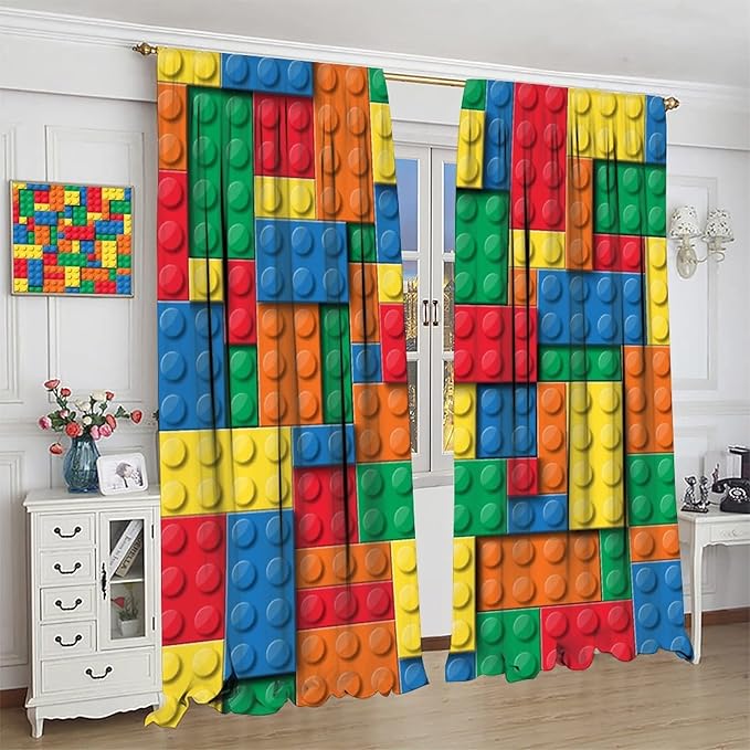 Building Block Toy Curtain Rod Pocket Children's Nursery Abstract Outline Colorful Toy Cartoon Theme Brick Geometric Print Curtain, Blackout Curtain for Boys and Girls Room 52x84in