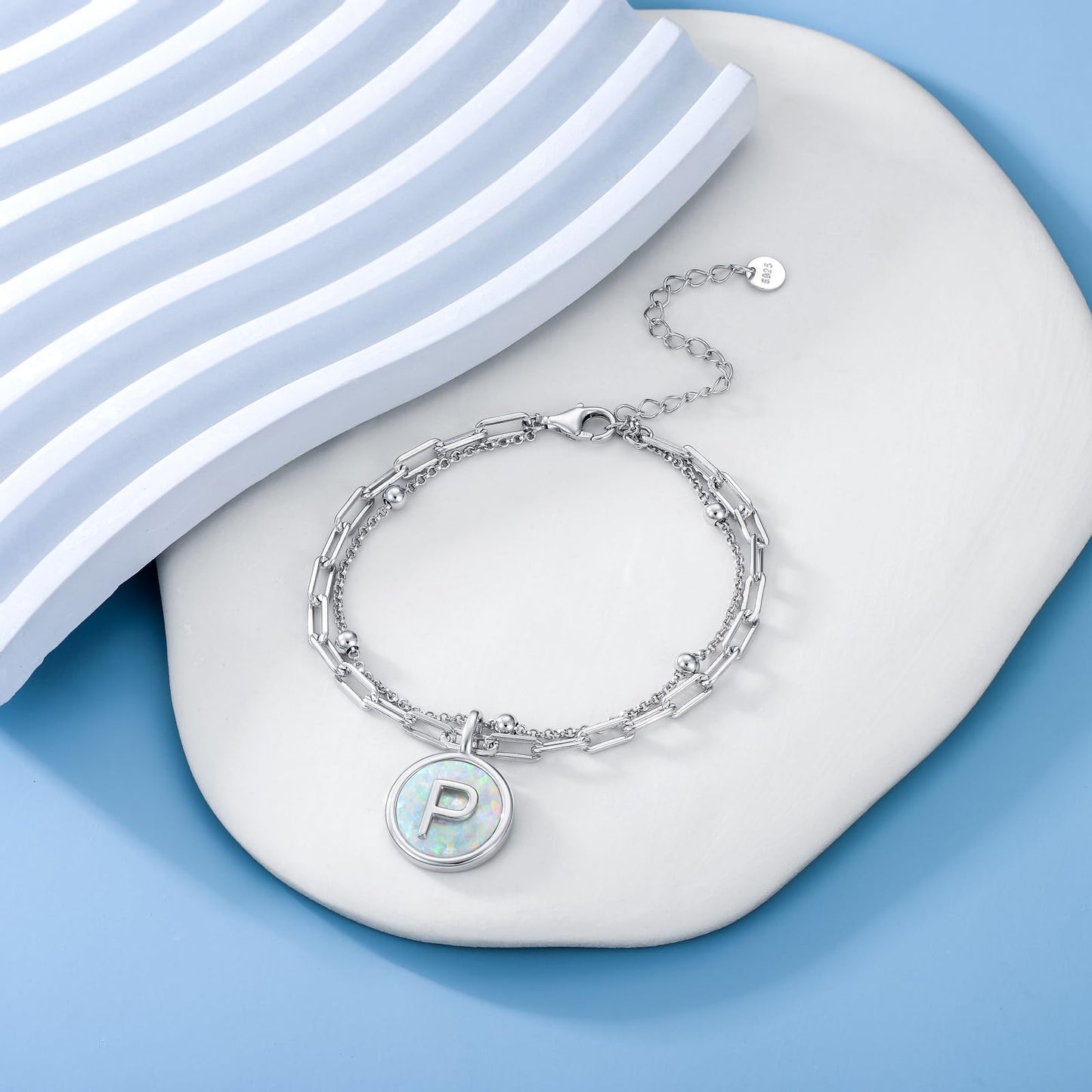 LWQQWL Initial P Bracelet for Women 925 Sterling Silver Layered Initial Bracelet Opal Letter 26 Alphabet Jewelry Christmas Gifts