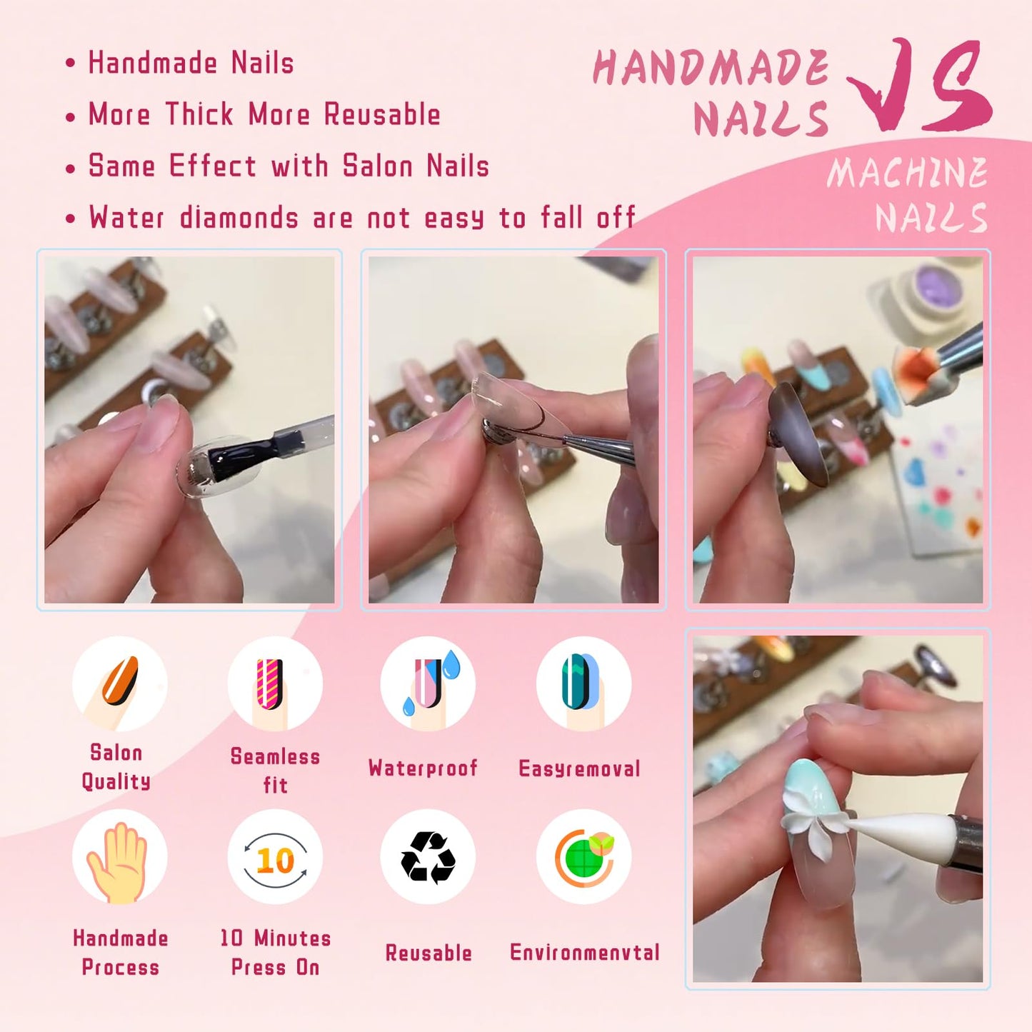Vanpaga Flower Press on Nails Handmade Medium Long Square Muti-Layer Gel Fake Nails Gradient Floral 3D Waterdrop Pattern Design Multicolor Thick False Nails Acrylic Nails for Women