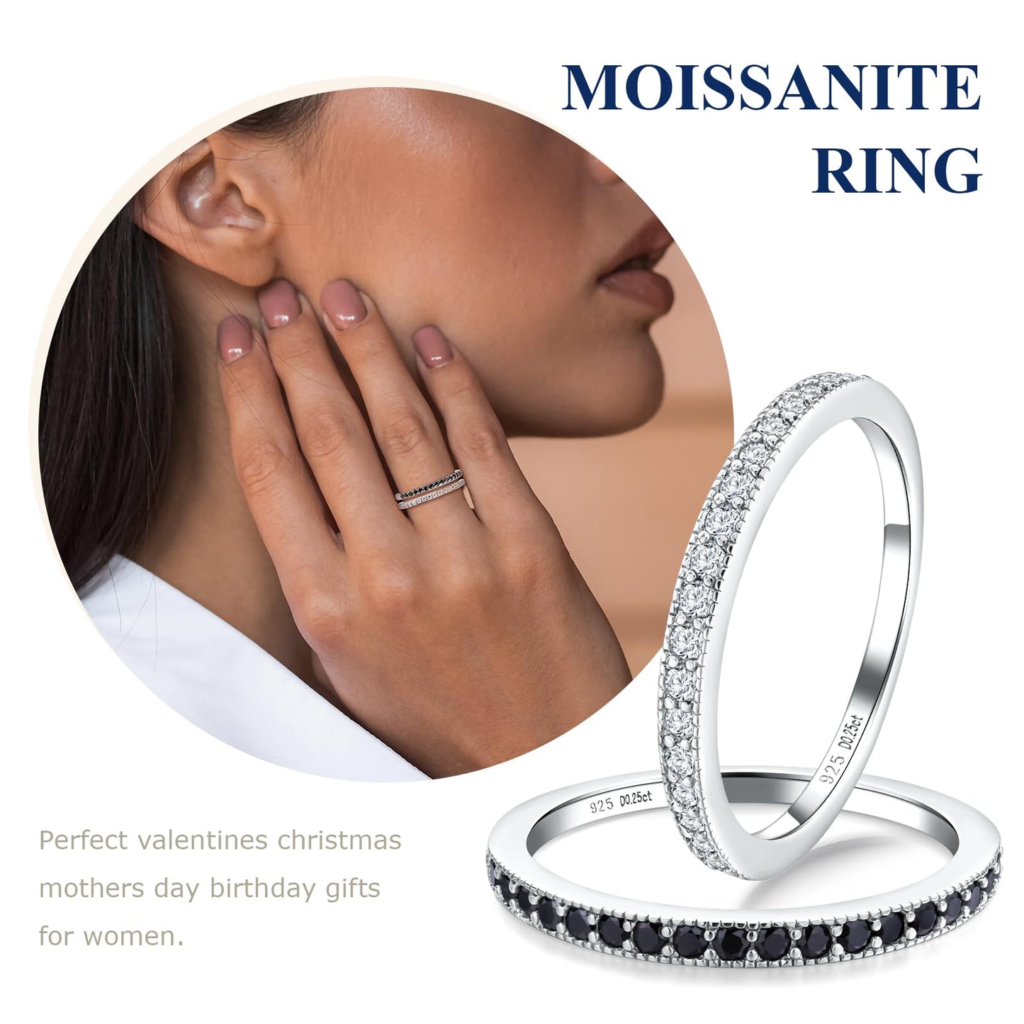 AGRULE Men Womens Moissanite Wedding Band 1.7mm Wide Stackable Half Eternity Band Rings 14K White Gold Plated Sterling Silver VVS1 D Color Anniversary Birthstone Rings, Size 9