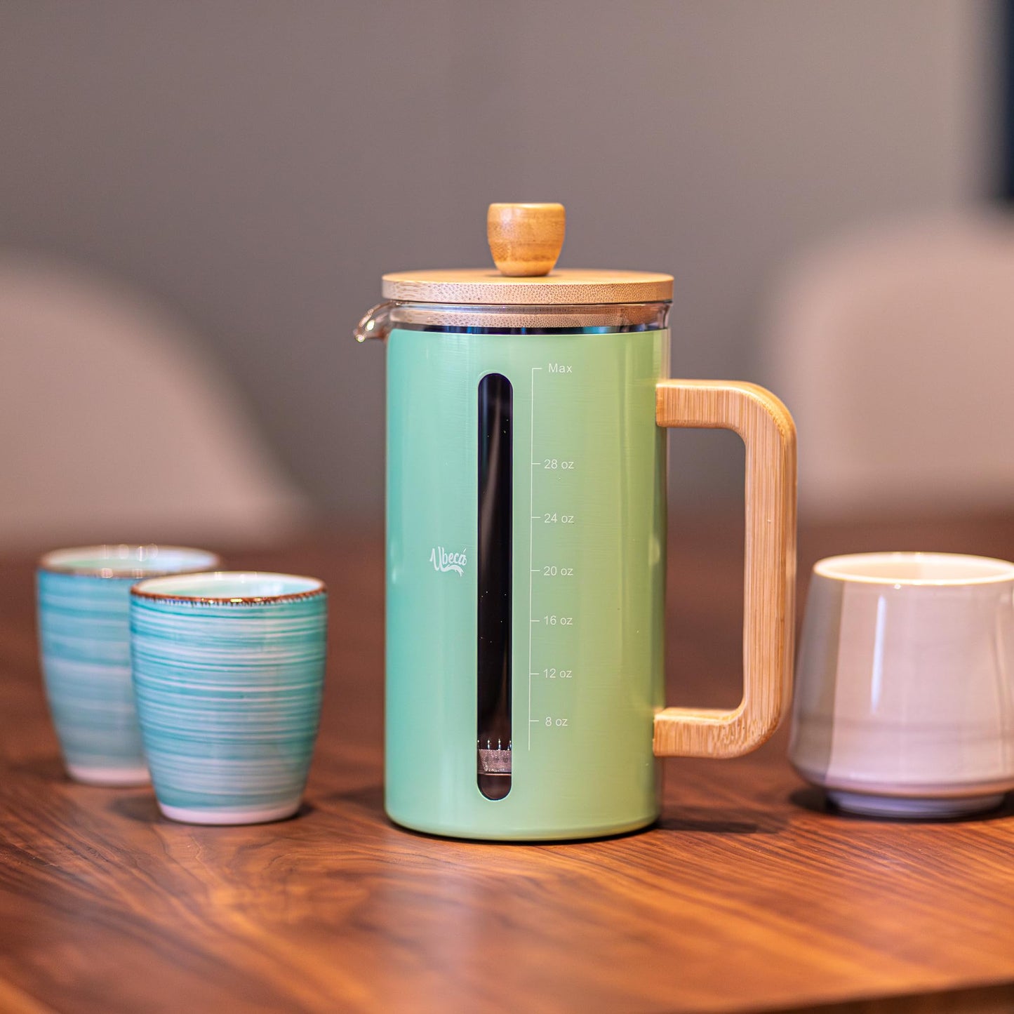 Ubeca French Press 34 oz Coffee Maker | Mint Green | Thick Borosilicate Glass | Bamboo Handle 2-Layer | Stainless Filter and cover | Easy Clean Eco-Friendly Gift ready Set