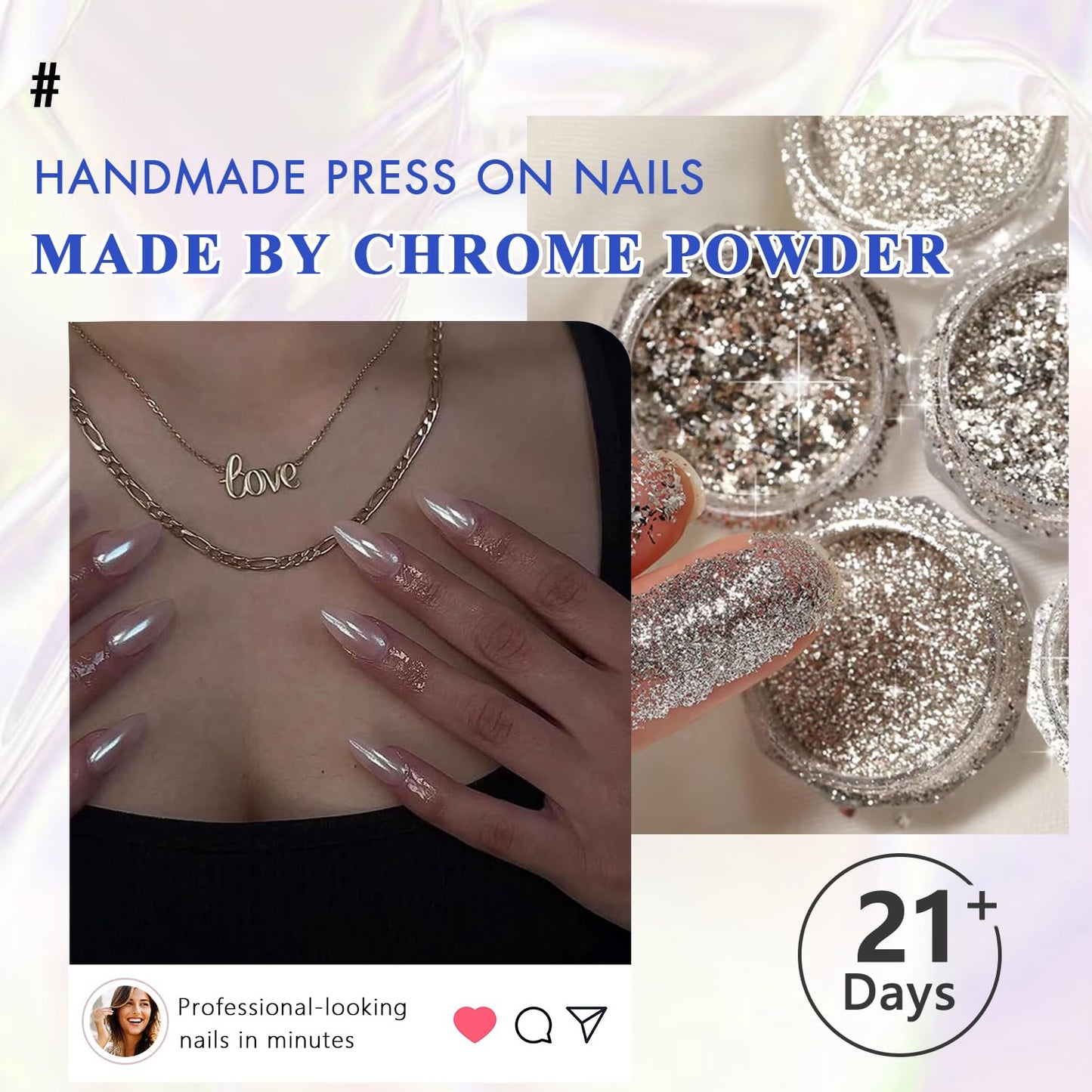 Pastel Yellow Press On Nails Almond - KQueenest Chrome Press On Nails Medium, Pearlescent Fake Nails Press ons, Glitter Glue on Nails Medium Stiletto, Glazed Gel Stick On Nails for Women, 24 Pcs