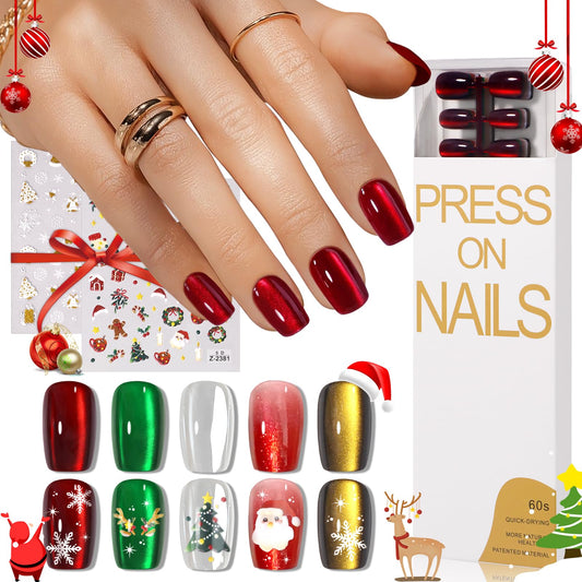 CUZIAM Christmas Press on Nails Short Square Set, 150pcs Jelly Glass Mirror Chrome Cat Eye Nails, Shimmer Snow White Glitter Cherry Red Ruby Holographic Elk Brown Sparkle Green Nails with Stickers