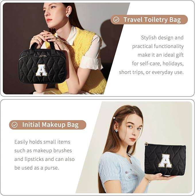 YOOLIFE Travel Toiletry Bag for Women - Hanging Toiletry Bag Initial Makeup Bag, Portable Toiletries Cosmetic Bag, Airplane Travel Essentials Black - E