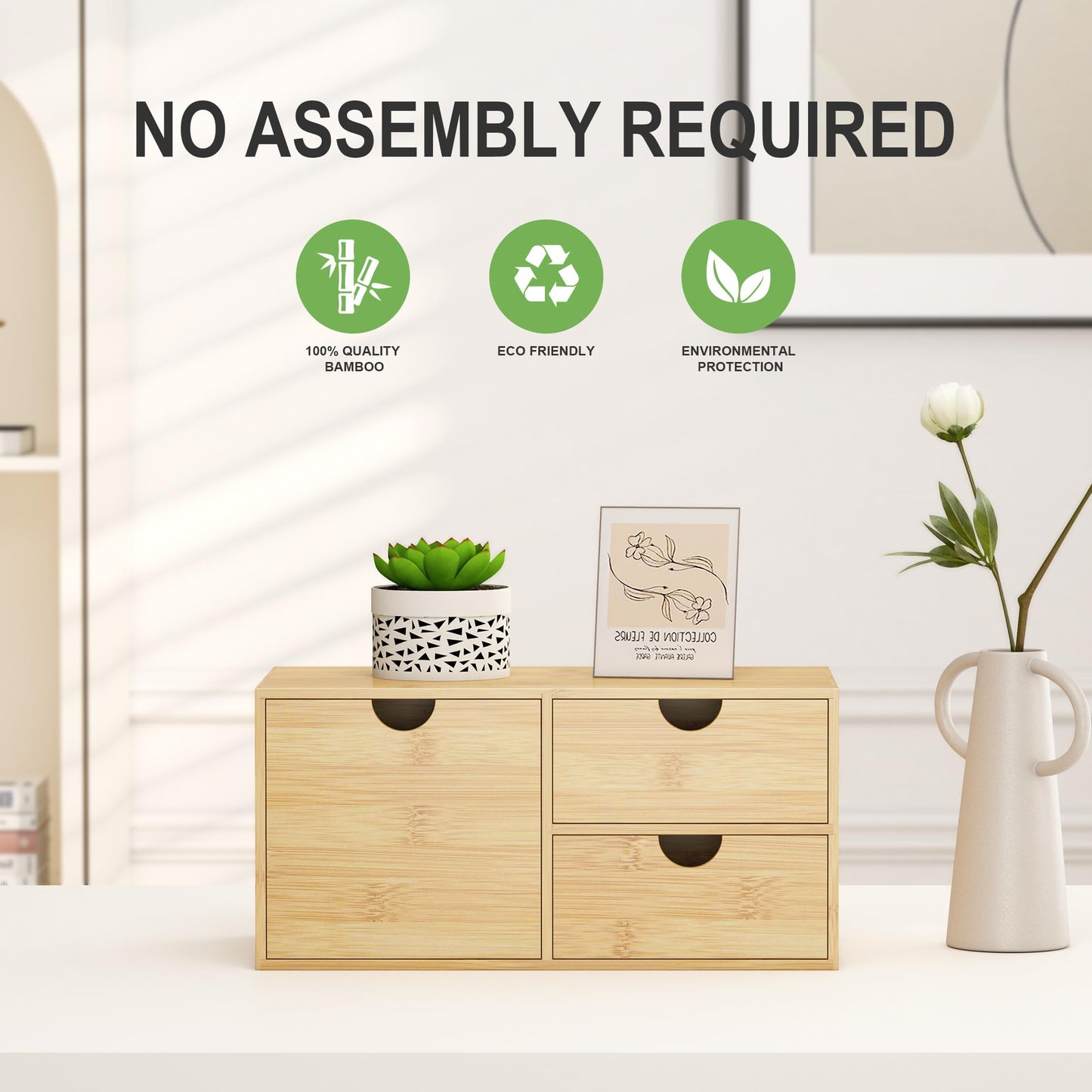 Wisuce Desk Organizer with Drawers - Bamboo Desktop Organizer Storage | White-Natural Wood Desk Drawers Organizer for Bills, Office Supplies, Cosmetics, Seals No Assembly Required(3 drawers edge-free)